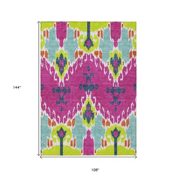 9' X 12' Pink Lime Green And Orange Ikat Washable Indoor Outdoor Area Rug