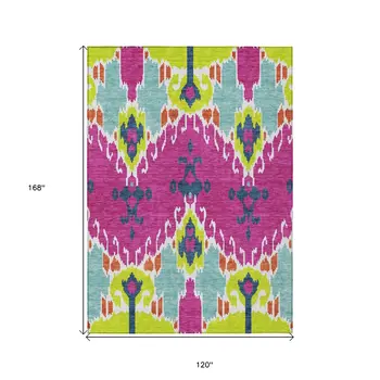 10' X 14' Pink Lime Green And Orange Ikat Washable Indoor Outdoor Area Rug