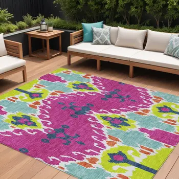 10' X 14' Pink Lime Green And Orange Ikat Washable Indoor Outdoor Area Rug