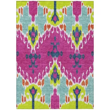 10' X 14' Pink Lime Green And Orange Ikat Washable Indoor Outdoor Area Rug