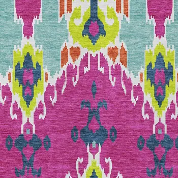 10' X 14' Pink Lime Green And Orange Ikat Washable Indoor Outdoor Area Rug