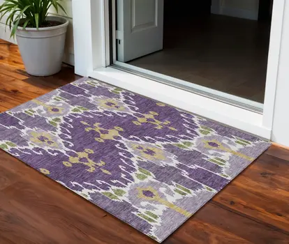 3' X 5' Purple Lavender And Gold Ikat Washable Indoor Outdoor Area Rug