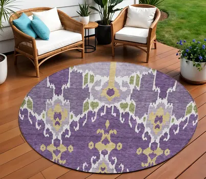 8' Purple Lavender And Gold Round Ikat Washable Indoor Outdoor Area Rug