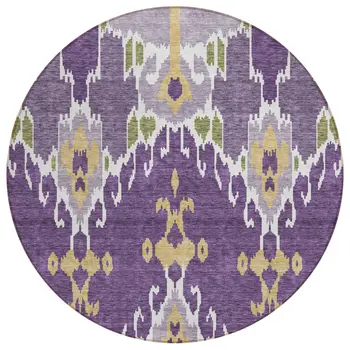8' Purple Lavender And Gold Round Ikat Washable Indoor Outdoor Area Rug