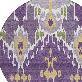 8' Purple Lavender And Gold Round Ikat Washable Indoor Outdoor Area Rug