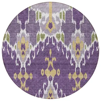 8' Purple Lavender And Gold Round Ikat Washable Indoor Outdoor Area Rug