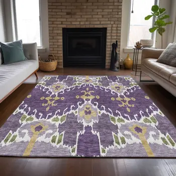 8' X 10' Purple Lavender And Gold Ikat Washable Indoor Outdoor Area Rug