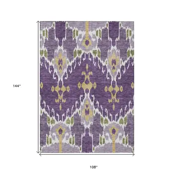 9' X 12' Purple Lavender And Gold Ikat Washable Indoor Outdoor Area Rug