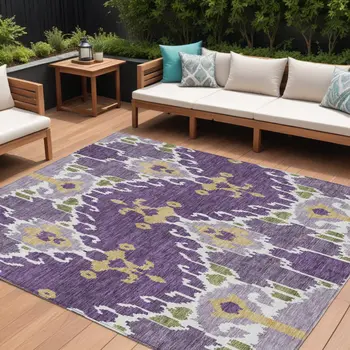 9' X 12' Purple Lavender And Gold Ikat Washable Indoor Outdoor Area Rug
