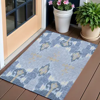 3' X 5' Sky Blue Denim Blue And Ivory Ikat Washable Indoor Outdoor Area Rug