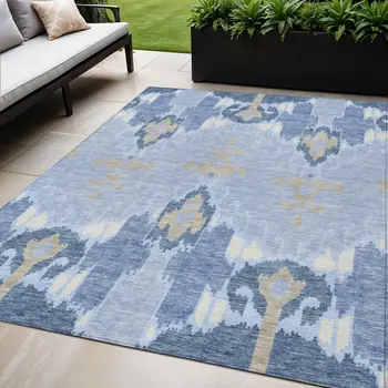 5' X 8' Sky Blue Denim Blue And Ivory Ikat Washable Indoor Outdoor Area Rug