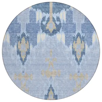 8' Sky Blue Denim Blue And Ivory Round Ikat Washable Indoor Outdoor Area Rug
