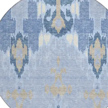 8' Sky Blue Denim Blue And Ivory Round Ikat Washable Indoor Outdoor Area Rug