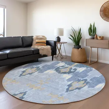 8' Sky Blue Denim Blue And Ivory Round Ikat Washable Indoor Outdoor Area Rug