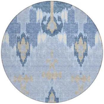 8' Sky Blue Denim Blue And Ivory Round Ikat Washable Indoor Outdoor Area Rug