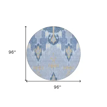 8' Sky Blue Denim Blue And Ivory Round Ikat Washable Indoor Outdoor Area Rug