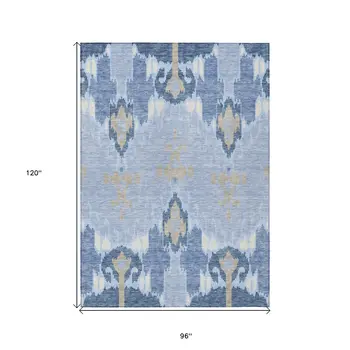 8' X 10' Sky Blue Denim Blue And Ivory Ikat Washable Indoor Outdoor Area Rug