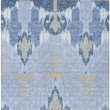 9' X 12' Sky Blue Denim Blue And Ivory Ikat Washable Indoor Outdoor Area Rug