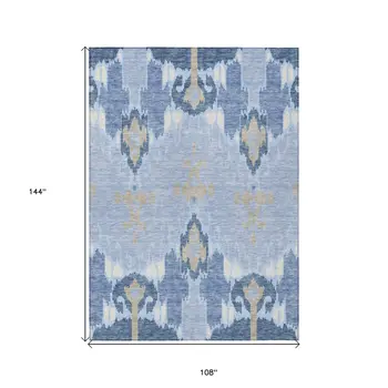 9' X 12' Sky Blue Denim Blue And Ivory Ikat Washable Indoor Outdoor Area Rug
