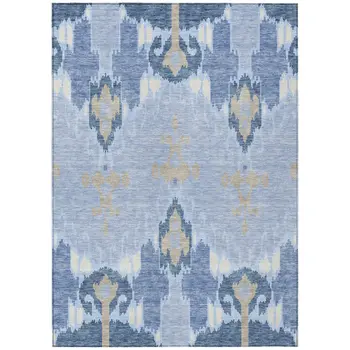 9' X 12' Sky Blue Denim Blue And Ivory Ikat Washable Indoor Outdoor Area Rug