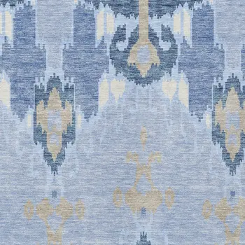 9' X 12' Sky Blue Denim Blue And Ivory Ikat Washable Indoor Outdoor Area Rug