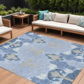 10' X 14' Sky Blue Denim Blue And Ivory Ikat Washable Indoor Outdoor Area Rug