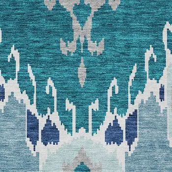 5' X 8' Teal Blue Navy Blue And Gray Ikat Washable Indoor Outdoor Area Rug