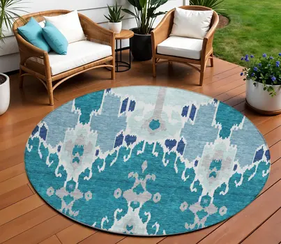 8' Teal Blue Navy Blue And Gray Round Ikat Washable Indoor Outdoor Area Rug