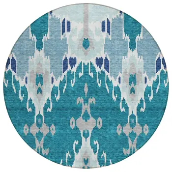 8' Teal Blue Navy Blue And Gray Round Ikat Washable Indoor Outdoor Area Rug