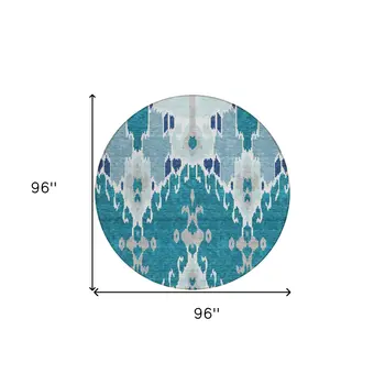 8' Teal Blue Navy Blue And Gray Round Ikat Washable Indoor Outdoor Area Rug