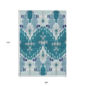 9' X 12' Teal Blue Navy Blue And Gray Ikat Washable Indoor Outdoor Area Rug
