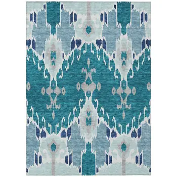 9' X 12' Teal Blue Navy Blue And Gray Ikat Washable Indoor Outdoor Area Rug