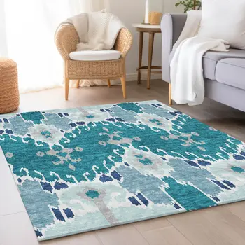 9' X 12' Teal Blue Navy Blue And Gray Ikat Washable Indoor Outdoor Area Rug