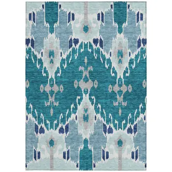 10' X 14' Teal Blue Navy Blue And Gray Ikat Washable Indoor Outdoor Area Rug