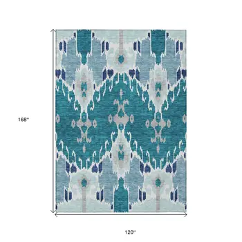 10' X 14' Teal Blue Navy Blue And Gray Ikat Washable Indoor Outdoor Area Rug