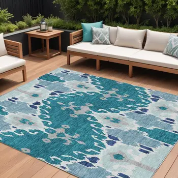 10' X 14' Teal Blue Navy Blue And Gray Ikat Washable Indoor Outdoor Area Rug