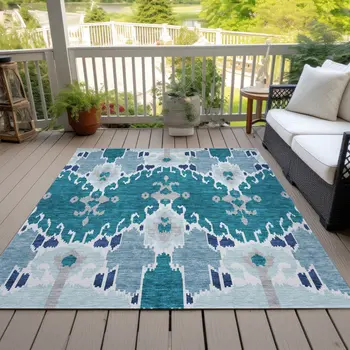 10' X 14' Teal Blue Navy Blue And Gray Ikat Washable Indoor Outdoor Area Rug