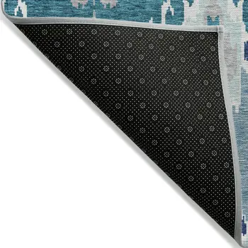 10' X 14' Teal Blue Navy Blue And Gray Ikat Washable Indoor Outdoor Area Rug