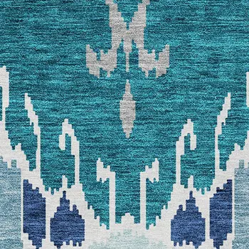 10' X 14' Teal Blue Navy Blue And Gray Ikat Washable Indoor Outdoor Area Rug