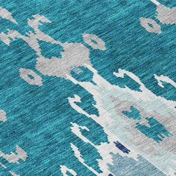 10' X 14' Teal Blue Navy Blue And Gray Ikat Washable Indoor Outdoor Area Rug