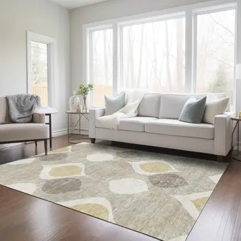 3' X 5' Beige Taupe And Ivory Ogee Washable Indoor Outdoor Area Rug