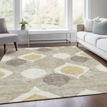 5' X 8' Beige Taupe And Ivory Ogee Washable Indoor Outdoor Area Rug