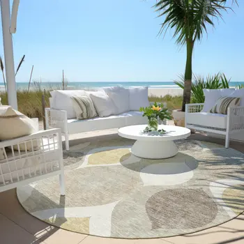 8' Beige Taupe And Ivory Round Ogee Washable Indoor Outdoor Area Rug