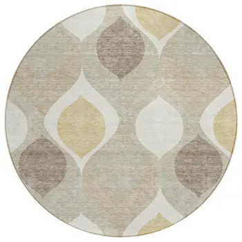 8' Beige Taupe And Ivory Round Ogee Washable Indoor Outdoor Area Rug