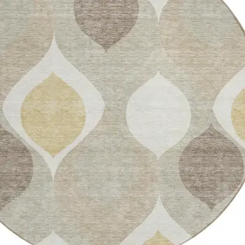 8' Beige Taupe And Ivory Round Ogee Washable Indoor Outdoor Area Rug