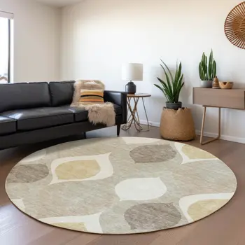8' Beige Taupe And Ivory Round Ogee Washable Indoor Outdoor Area Rug