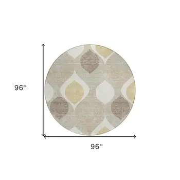 8' Beige Taupe And Ivory Round Ogee Washable Indoor Outdoor Area Rug