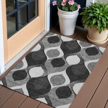 3' X 5' Black Silver And Charcoal Ogee Washable Indoor Outdoor Area Rug