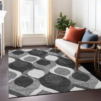 5' X 8' Black Silver And Charcoal Ogee Washable Indoor Outdoor Area Rug