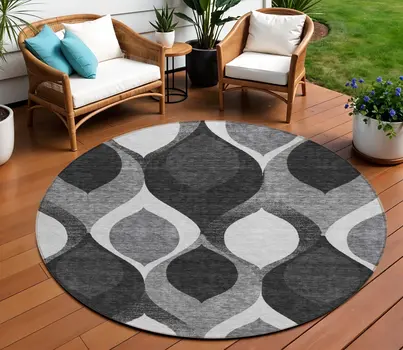 8' Black Silver And Charcoal Round Ogee Washable Indoor Outdoor Area Rug